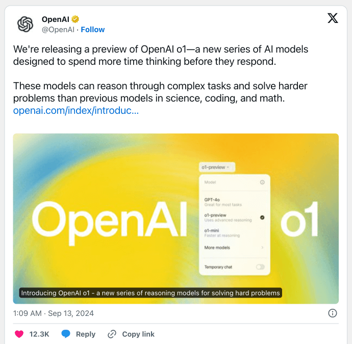 OpenAI 发布“ OpenAI o1”新一代大模型,更擅长推理也更贵