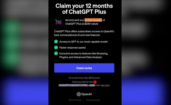 部分 ChatGPT Plus 订阅用户可邀请他人免费试用,但仅有一次机会