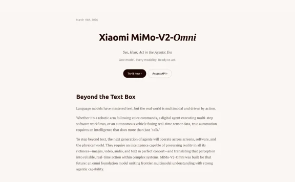 Xiaomi MiMo-V2-Omni：小米全模态 Agent 基座模型，图像视频音频文本统一理解